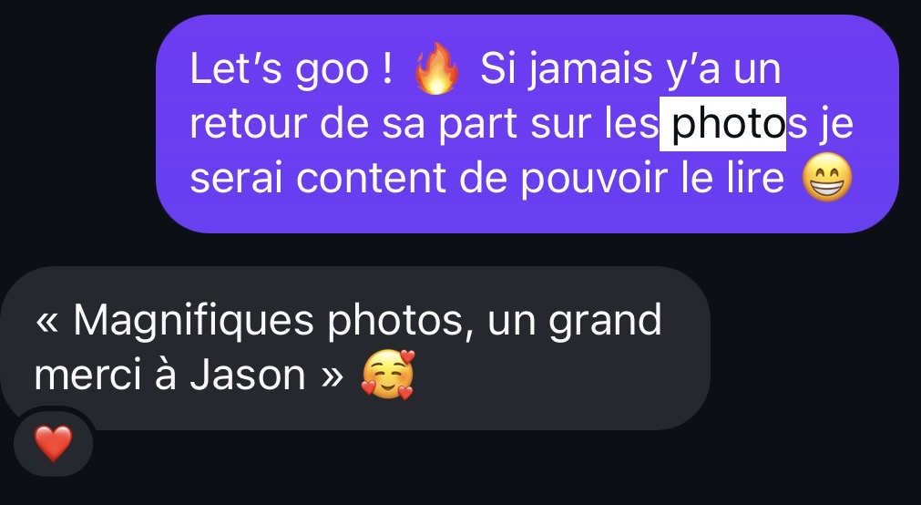 Capture d'écran conversation client — magnifiques photos